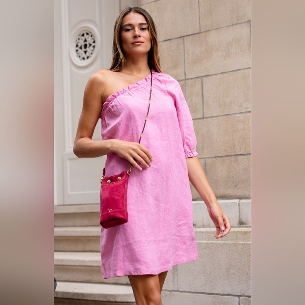Xirena Pippa Mid Weight Linen Weave One Shoulder Mini Pullover Dress Cinder Rose